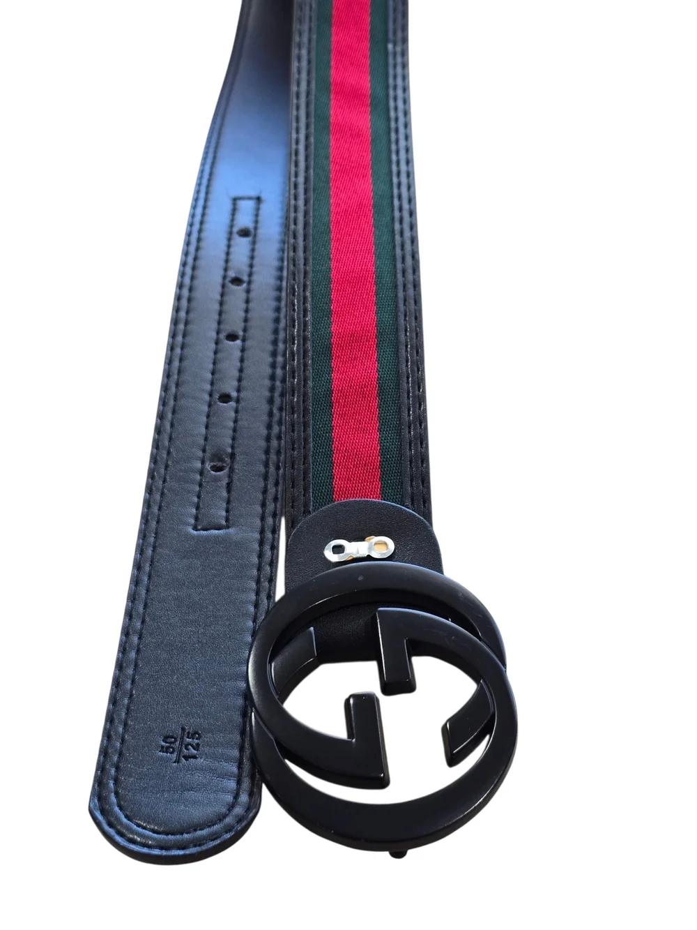 Gucci Black Leather Web Stripe Belt with Red/Green | Double G Buckle | Sz 50/125